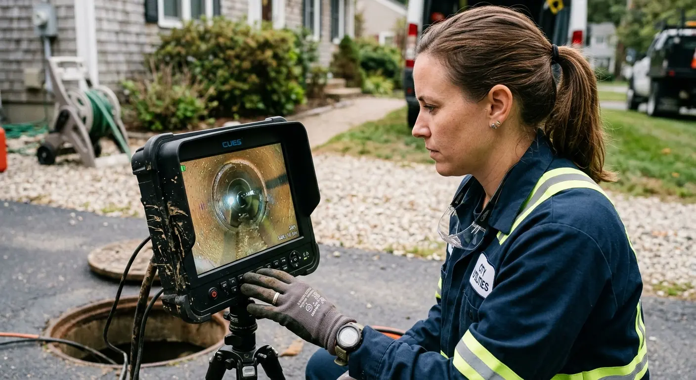 Technician reviewing sewer camera inspection footage in Columbia